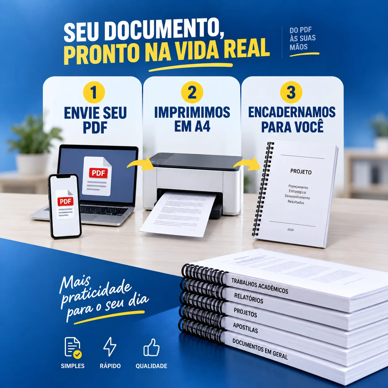 Impressão do seu PDF em formato A4 e encadernação em espiral